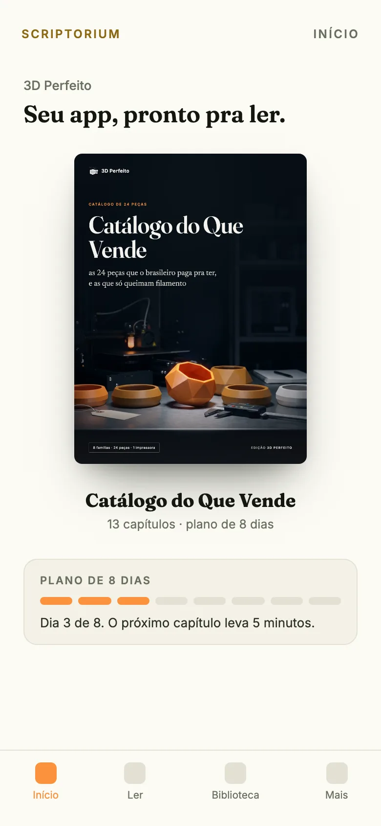 Capa do app: o ebook Catálogo do Que Vende aberto na tela Início, com o plano de 8 dias